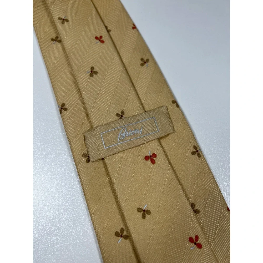 Brioni Silk Cashmere Tie Gold Yellow Floral Foulard Herringbone Handmade Italy